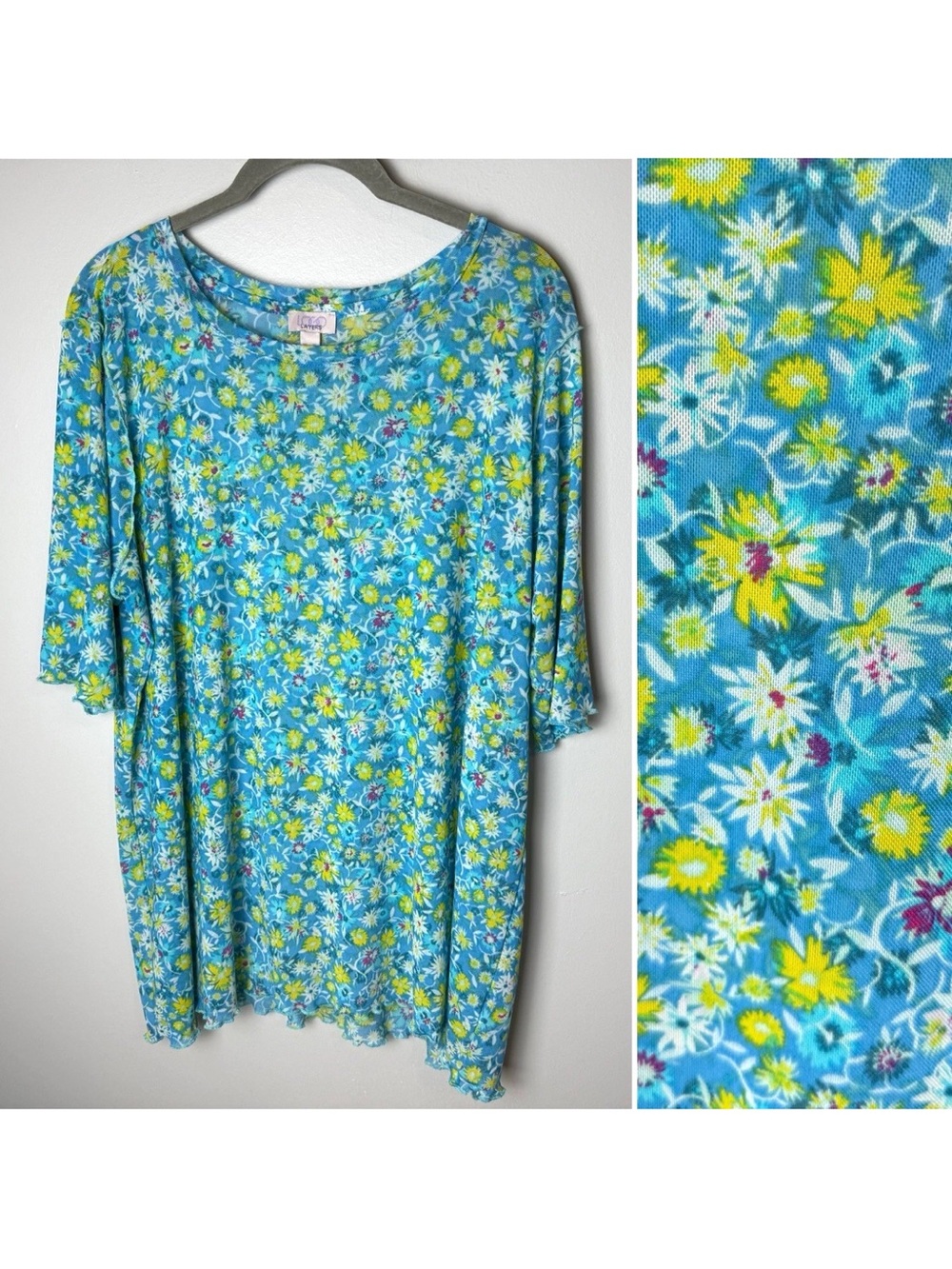 LOGO Layers Top Size XL Blue Floral Daisy Tunic Short Sleeves Stretch Mesh